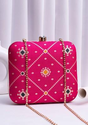 Pink Fabric Printed Box Clutch