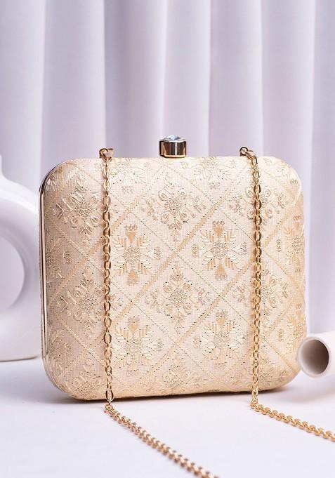 Beige Satin Embroidered Box Clutch