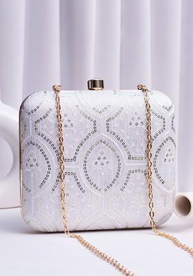 White Satin Embroidered Embellished Box Clutch