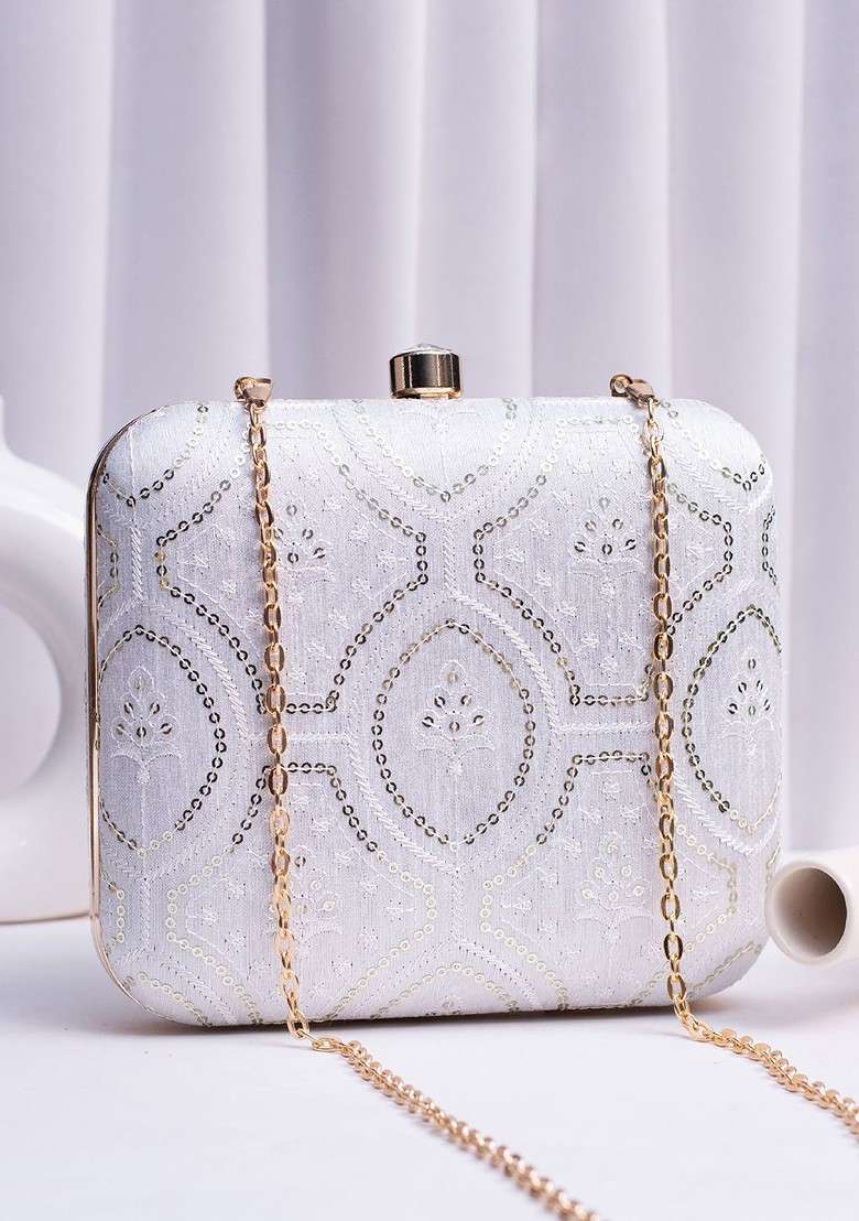 White Satin Embroidered Embellished Box Clutch - Indya