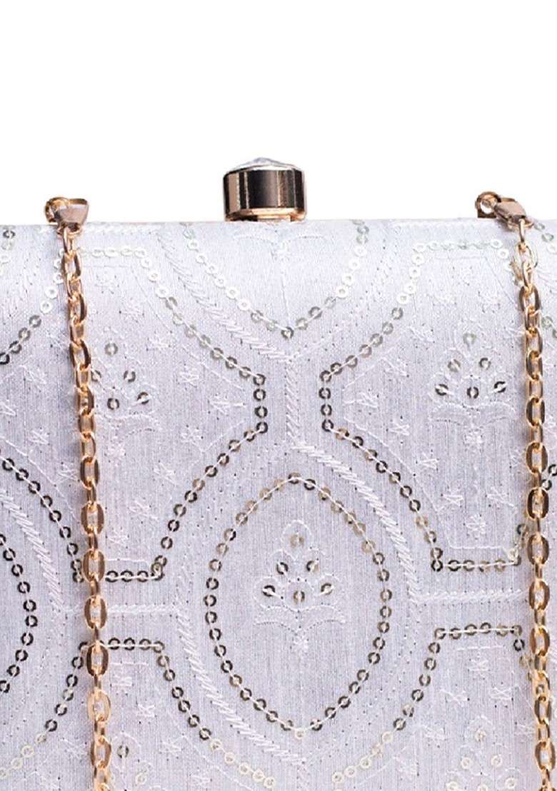 White Satin Embroidered Embellished Box Clutch - Indya