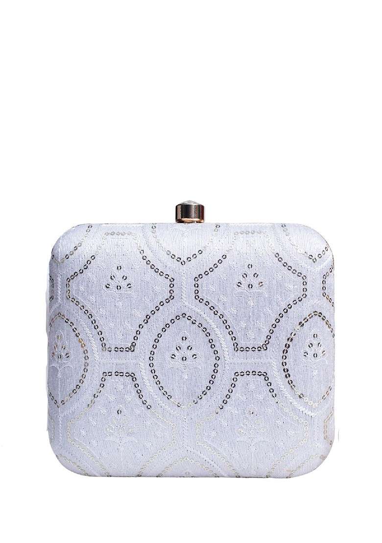 White Satin Embroidered Embellished Box Clutch - Indya