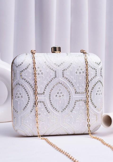 White Satin Embroidered Embellished Box Clutch