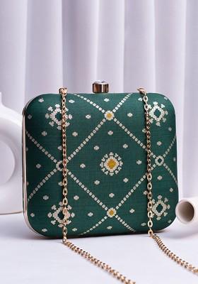 Green Satin Embroidered Box Clutch
