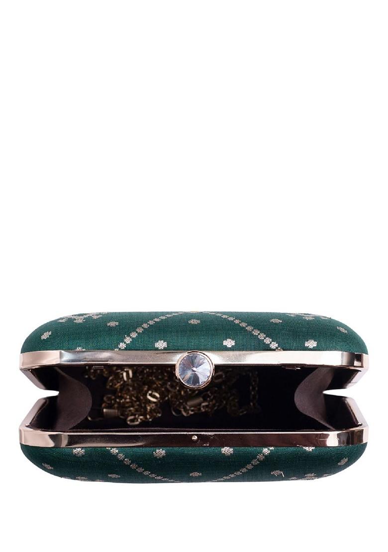 Green Satin Embroidered Box Clutch - Indya