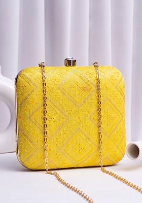 Yellow Satin Embroidered Embellished Box Clutch