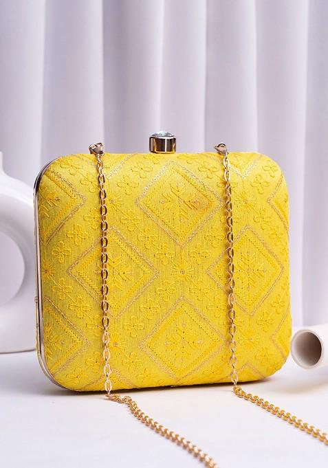 Yellow Satin Embroidered Embellished Box Clutch
