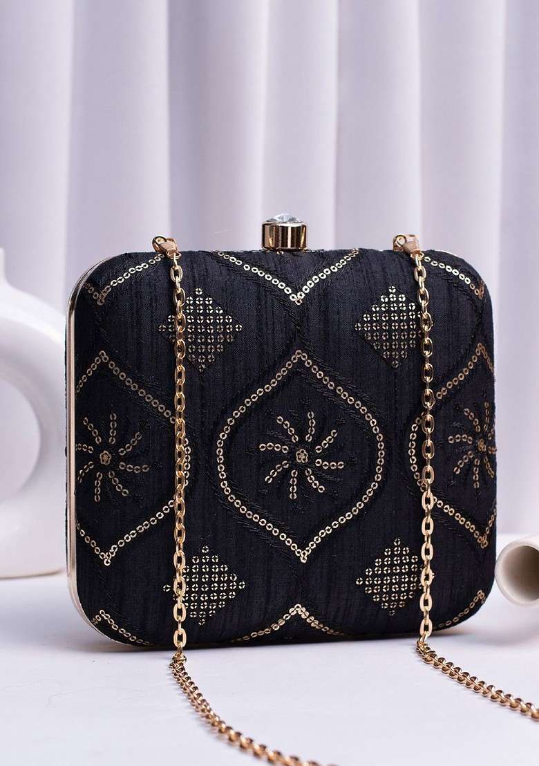 Black Satin Embroidered Embellished Box Clutch - Indya