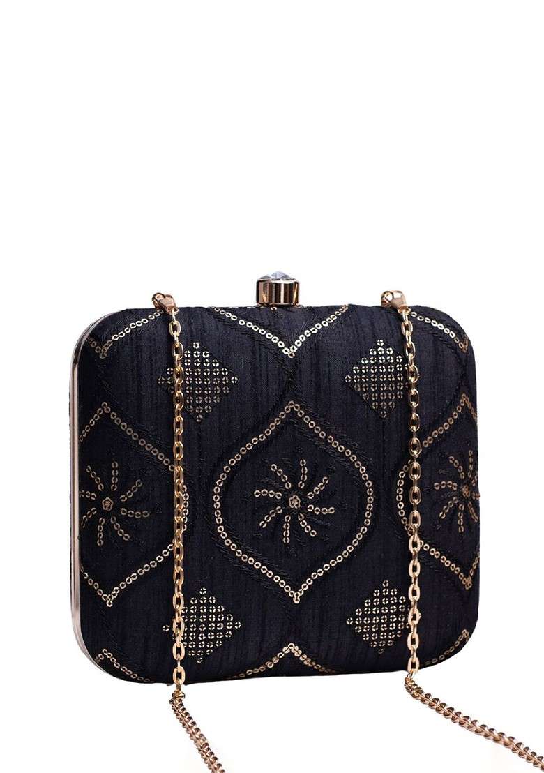 Black Satin Embroidered Embellished Box Clutch - Indya