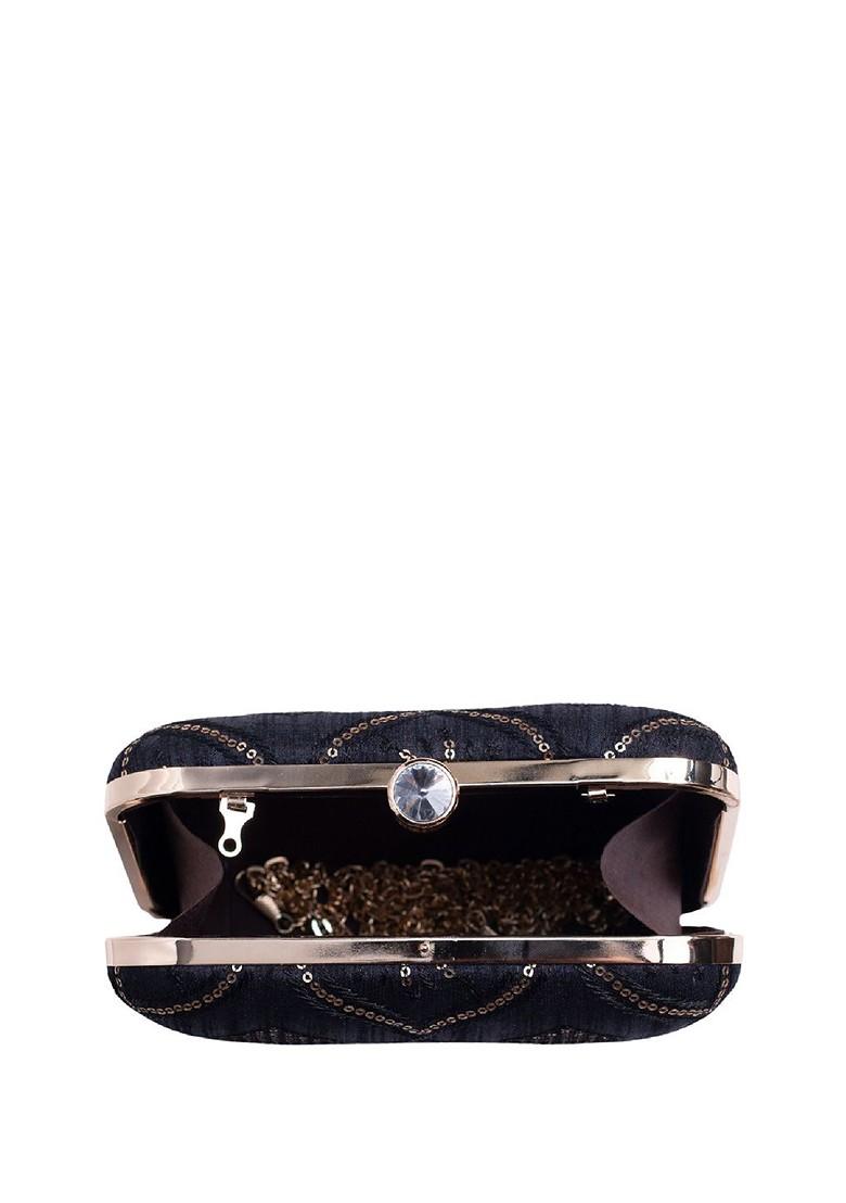 Black Satin Embroidered Embellished Box Clutch - Indya