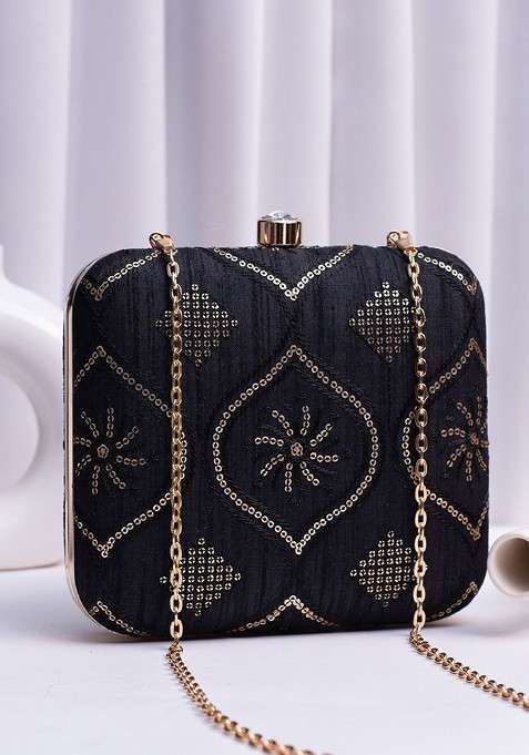 Black Satin Embroidered Embellished Box Clutch