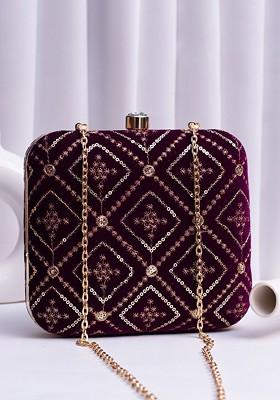 Purple Satin Embroidered Embellished Box Clutch