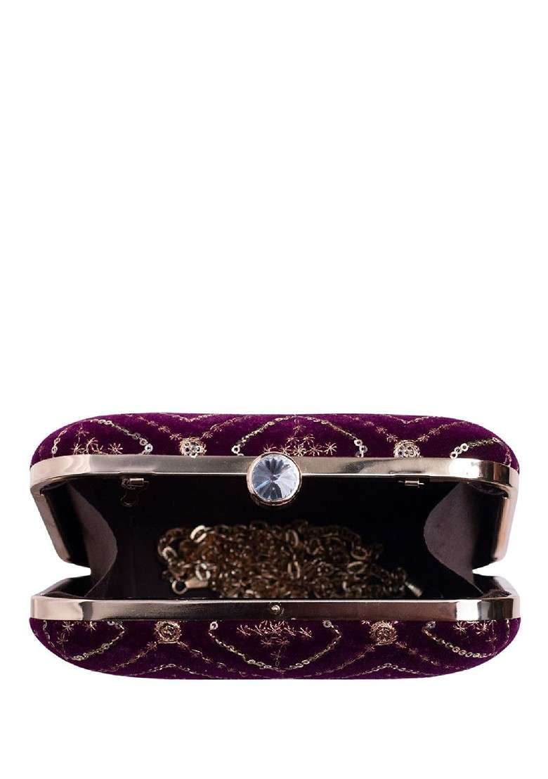 Purple Satin Embroidered Embellished Box Clutch - Indya