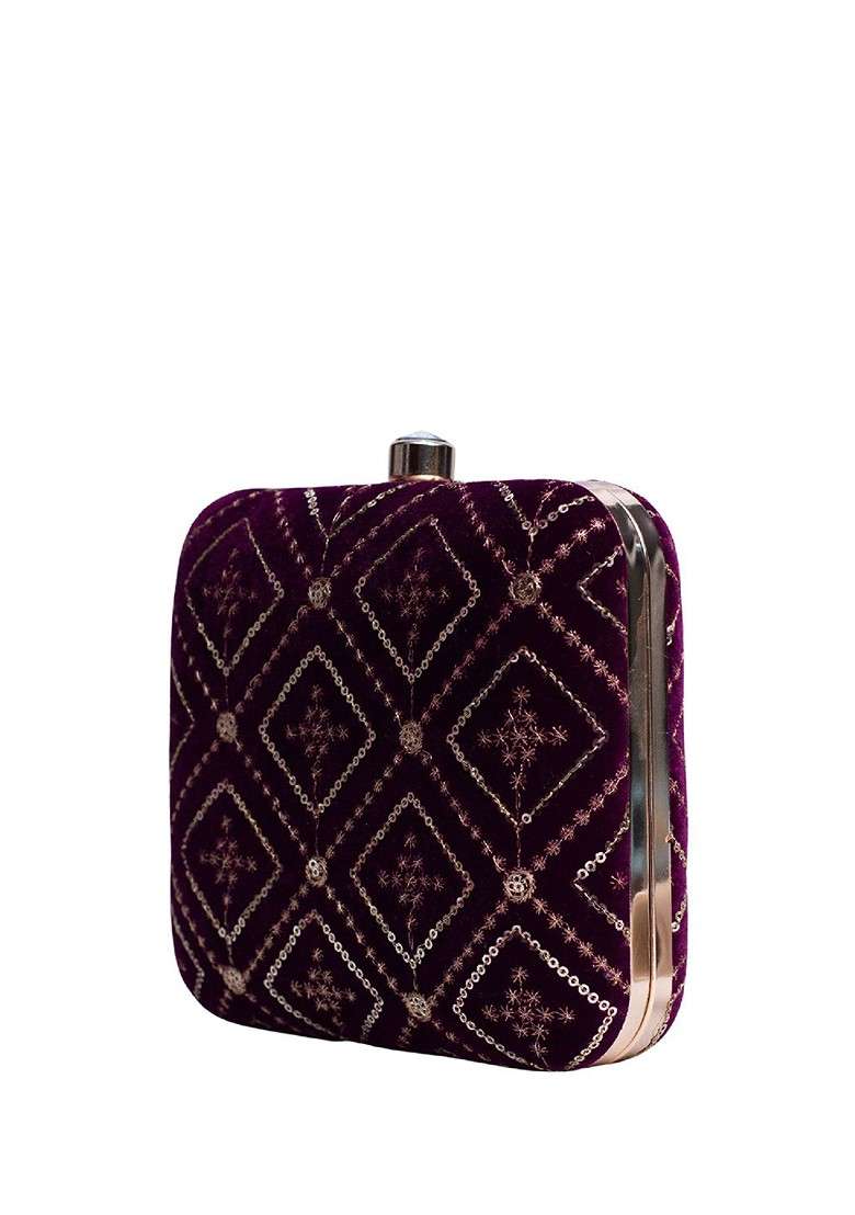 Purple Satin Embroidered Embellished Box Clutch - Indya