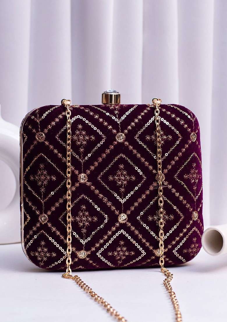 Purple Satin Embroidered Embellished Box Clutch - Indya