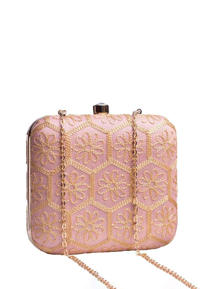 Peach Satin Embroidered Box Clutch - Indya