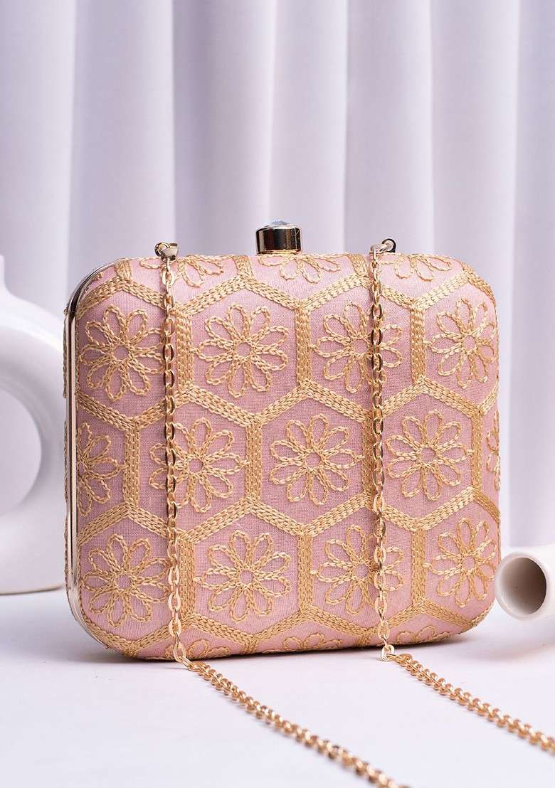 Peach Satin Embroidered Box Clutch - Indya