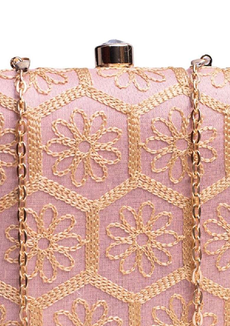 Peach Satin Embroidered Box Clutch - Indya