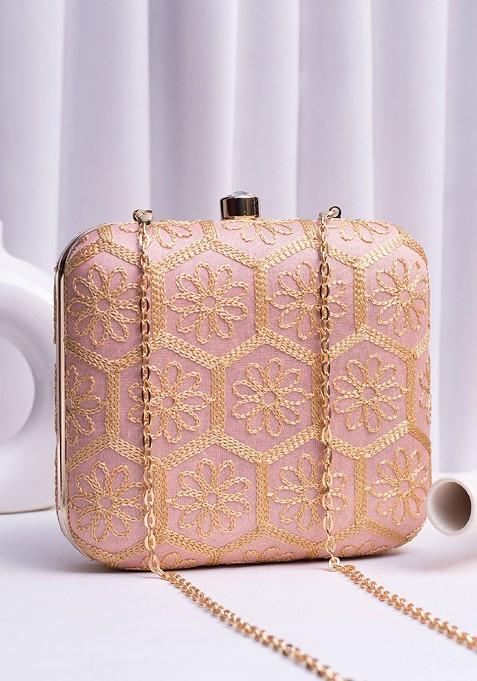 Peach Satin Embroidered Box Clutch