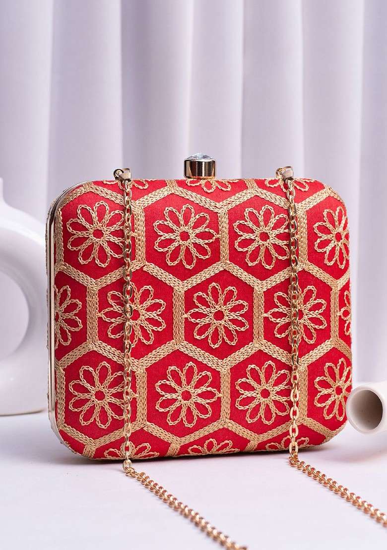 Red Satin Embroidered Box Clutch - Indya