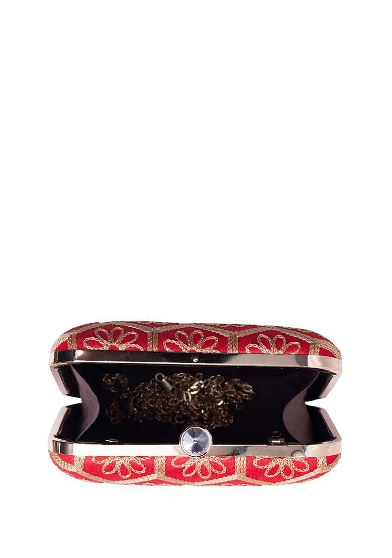 Red Satin Embroidered Box Clutch - Indya