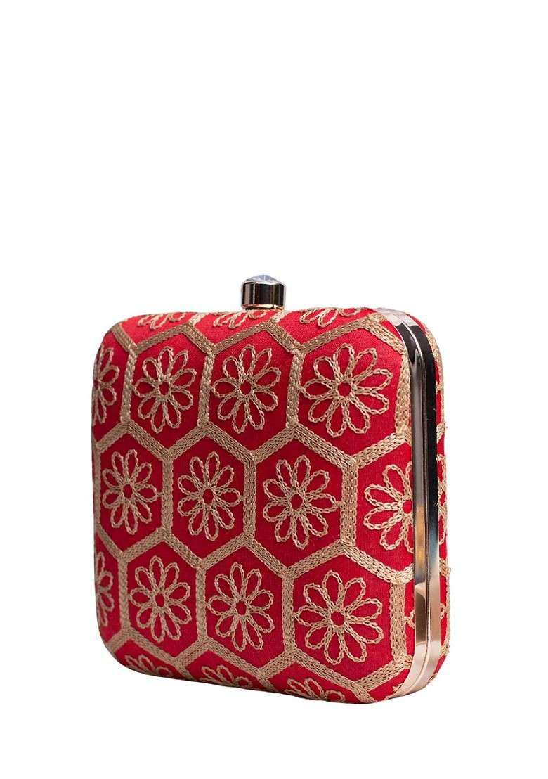 Red Satin Embroidered Box Clutch - Indya
