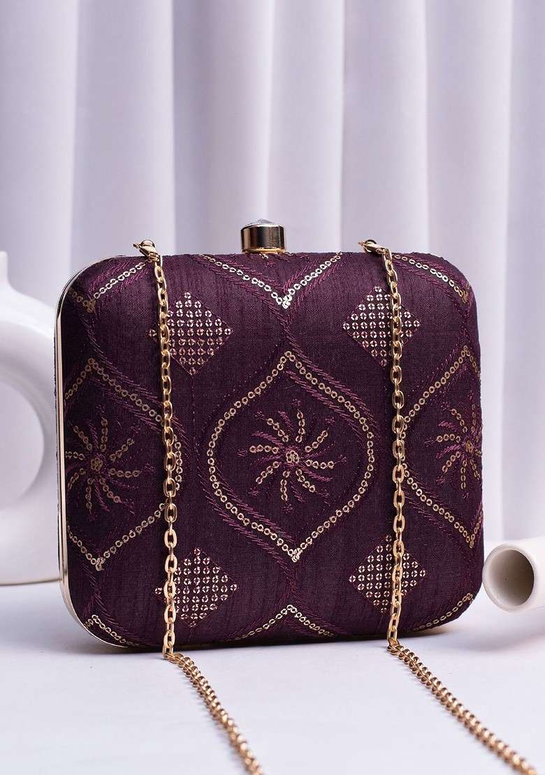 Purple Satin Embroidered Embellished Box Clutch - Indya