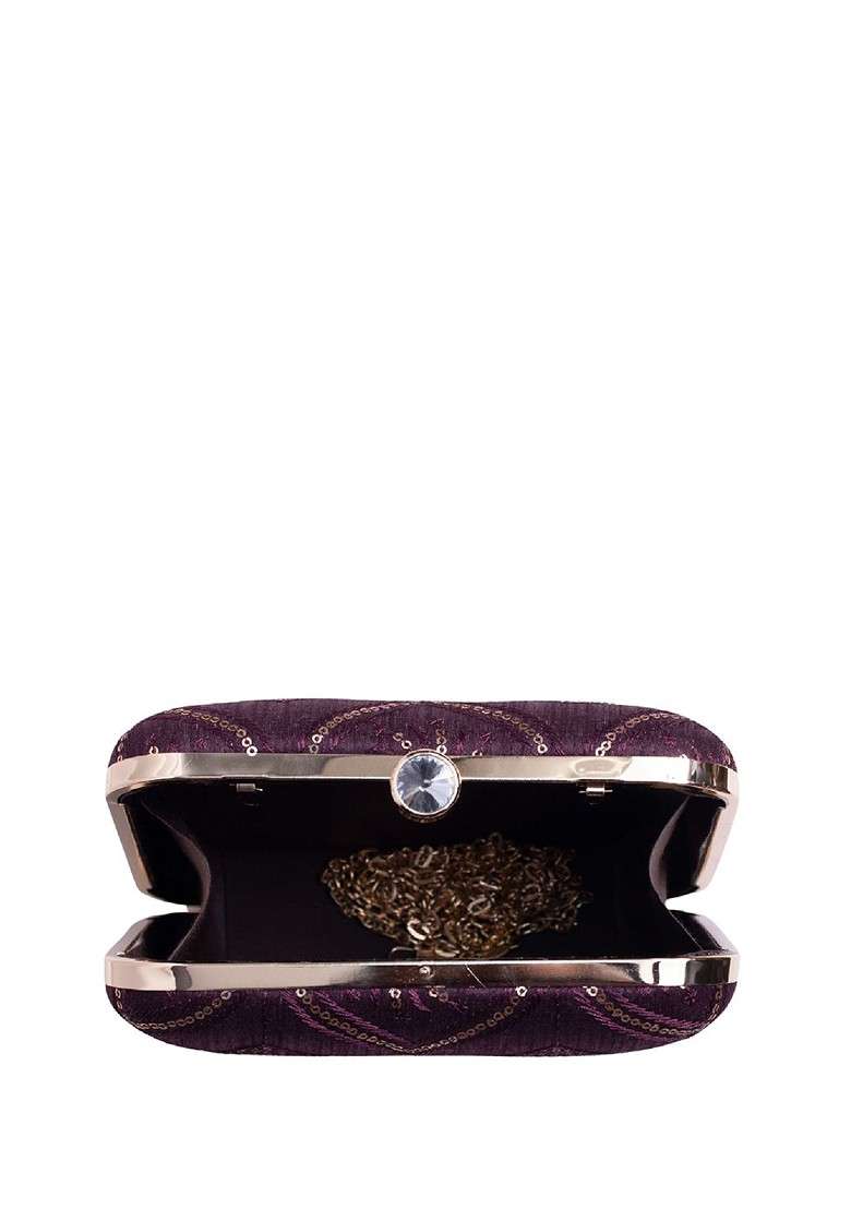 Purple Satin Embroidered Embellished Box Clutch - Indya