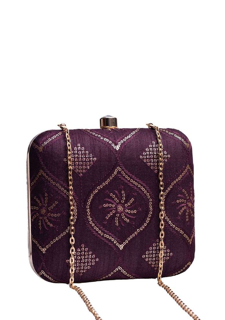 Purple Satin Embroidered Embellished Box Clutch - Indya