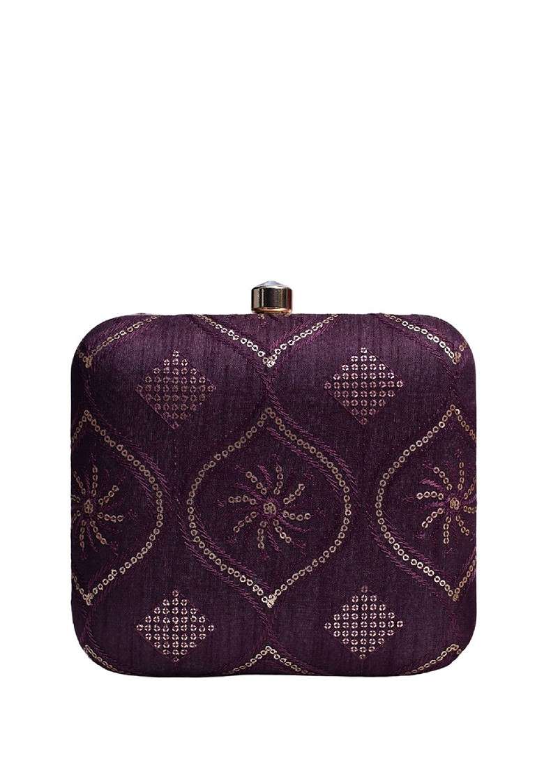 Purple Satin Embroidered Embellished Box Clutch - Indya