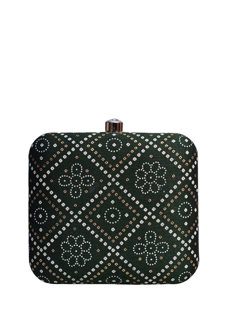 Green Fabric Printed Box Clutch - Indya