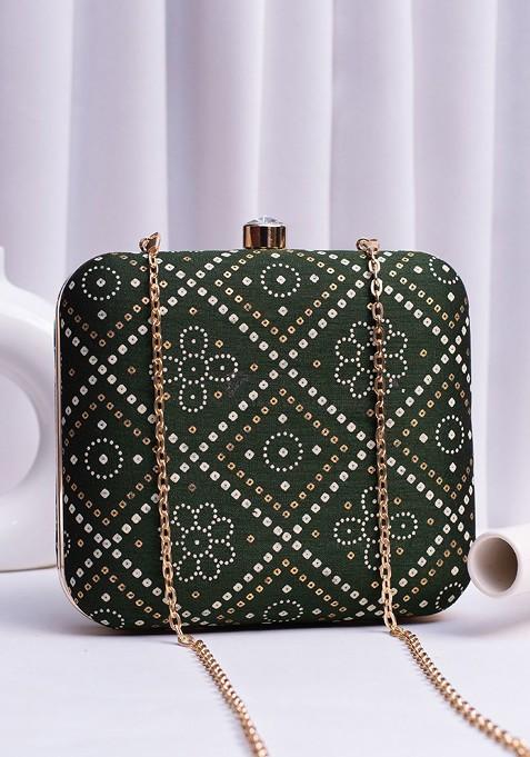 Green Fabric Printed Box Clutch