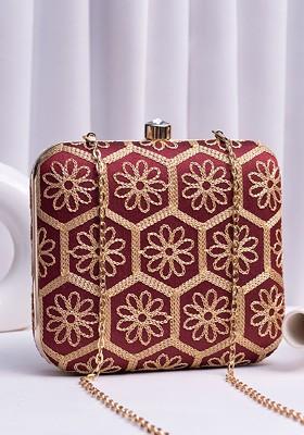 Maroon Satin Embroidered Box Clutch