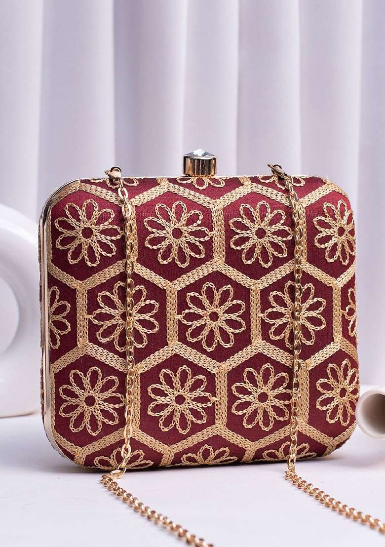 Maroon Satin Embroidered Box Clutch - Indya