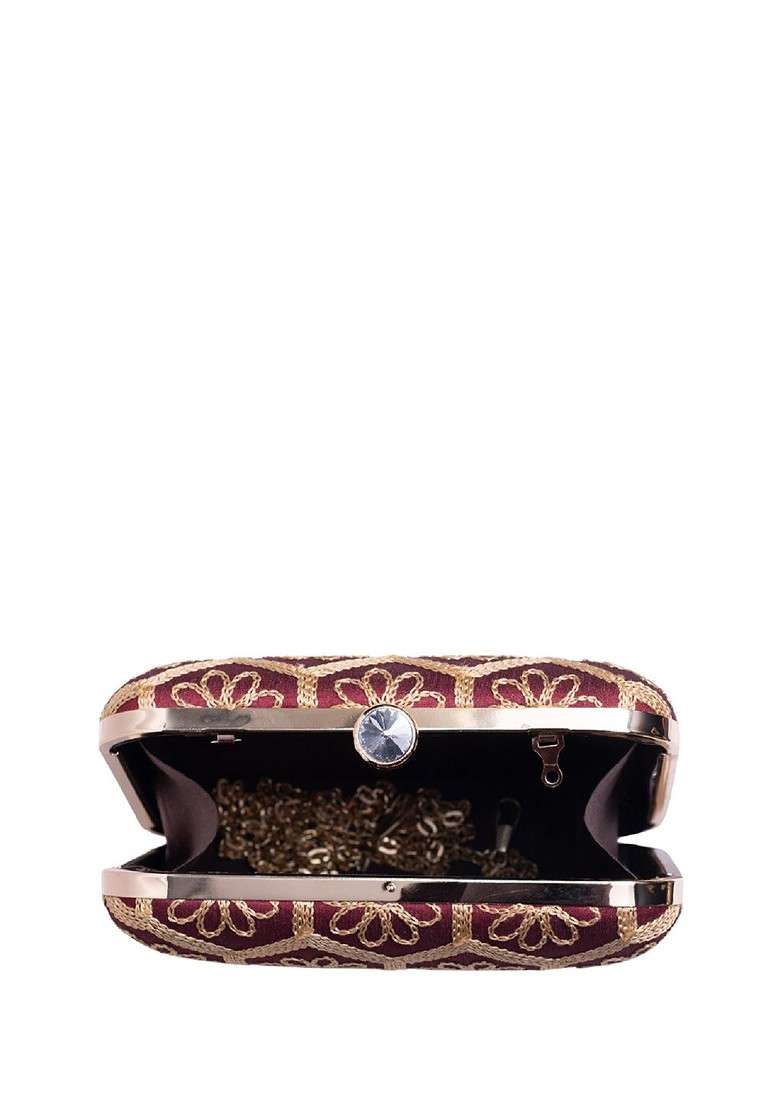 Maroon Satin Embroidered Box Clutch - Indya