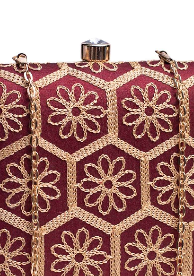 Maroon Satin Embroidered Box Clutch - Indya