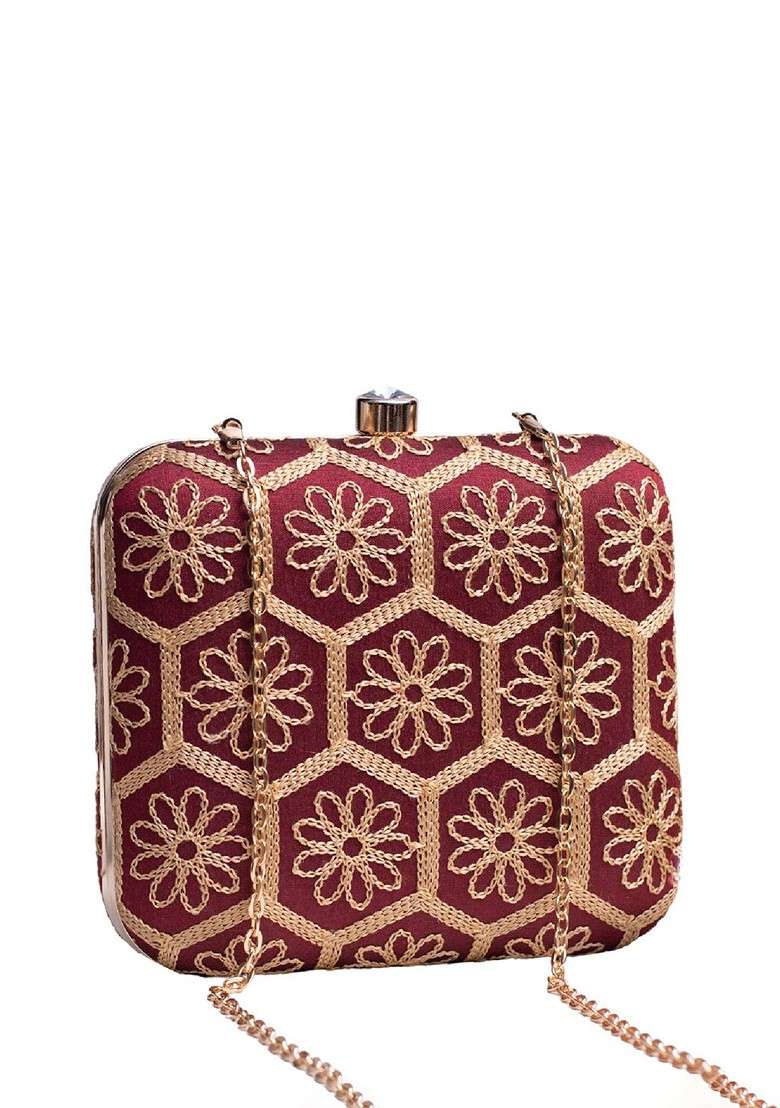 Maroon Satin Embroidered Box Clutch - Indya