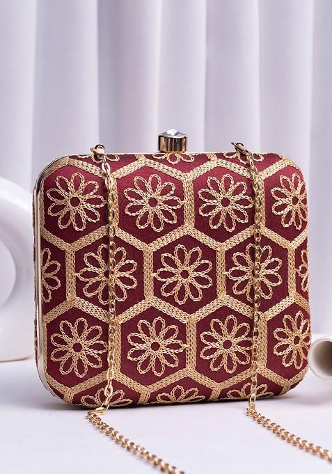 Maroon Satin Embroidered Box Clutch