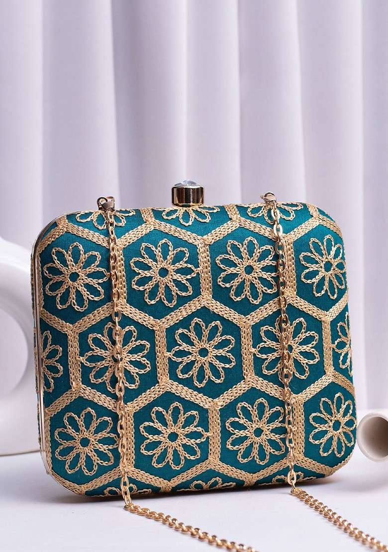 Turquoise Blue Satin Embroidered Box Clutch - Indya