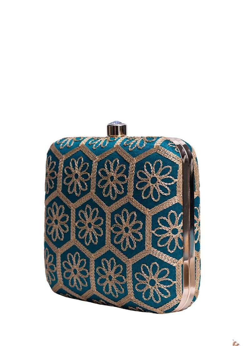 Turquoise Blue Satin Embroidered Box Clutch - Indya