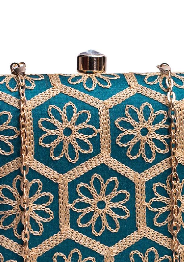 Turquoise Blue Satin Embroidered Box Clutch - Indya