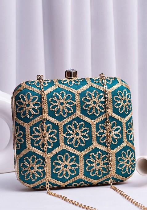 Turquoise Blue Satin Embroidered Box Clutch