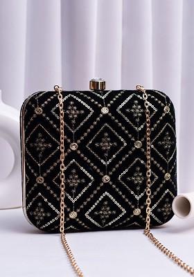 Black Satin Embroidered Embellished Box Clutch