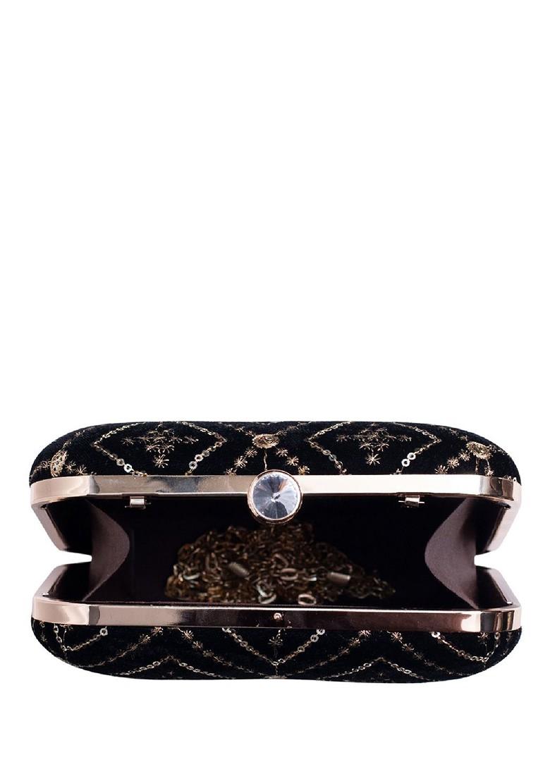 Black Satin Embroidered Embellished Box Clutch - Indya
