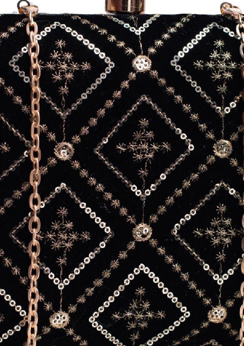 Black Satin Embroidered Embellished Box Clutch - Indya