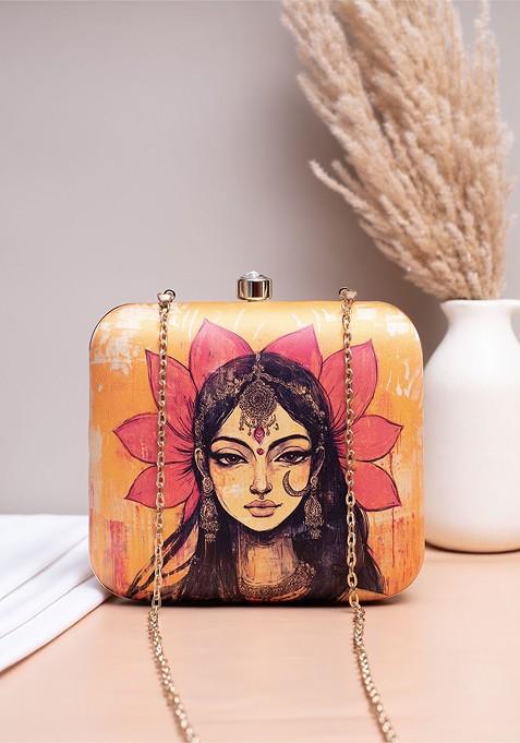 Mustard Fabric Printed Box Clutch