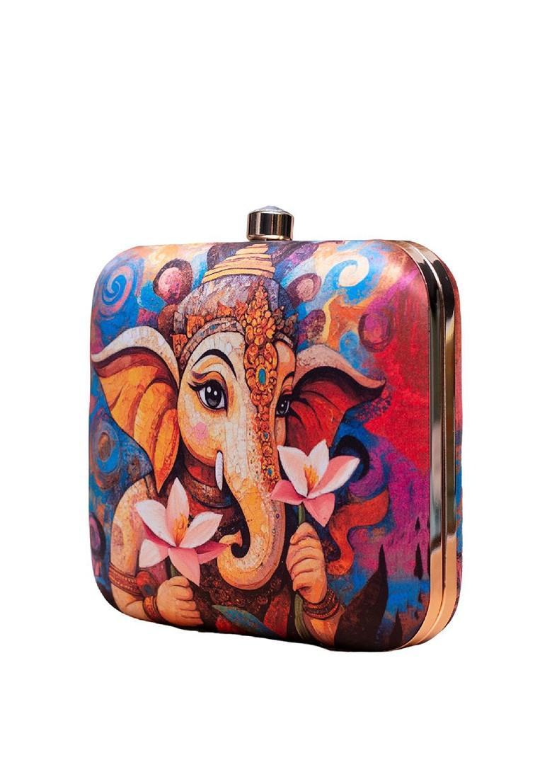 Blue Fabric Printed Box Clutch - Indya