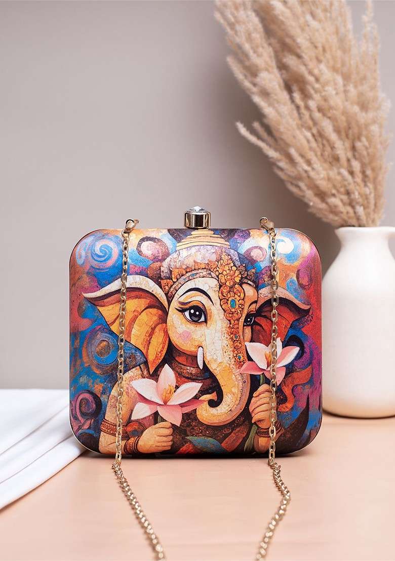 Blue Fabric Printed Box Clutch - Indya