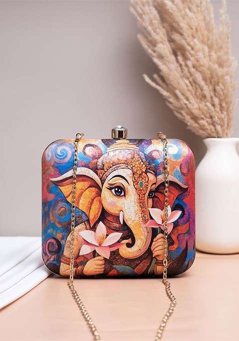Blue Fabric Printed Box Clutch