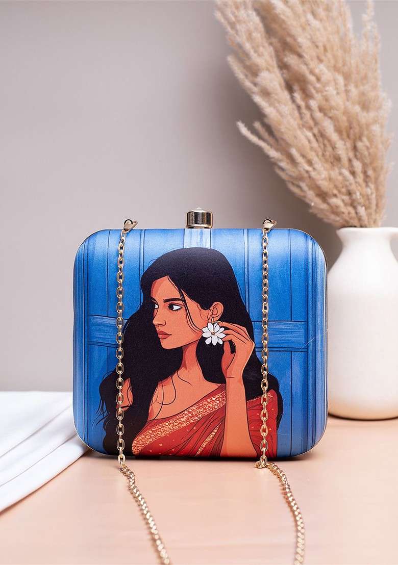 Blue Fabric Printed Box Clutch - Indya